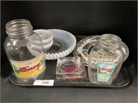 Adv Glass Jars, Ashtrays, Ruffle Opalescent Glass.