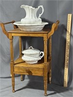 Antique washstand with towel bars, and pitcher