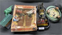 Vintage Tin Toys, Holster Set, Dinosaur Bank.