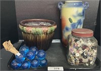 Majolica Planter, Glass Fruit, Stoneware Vase.