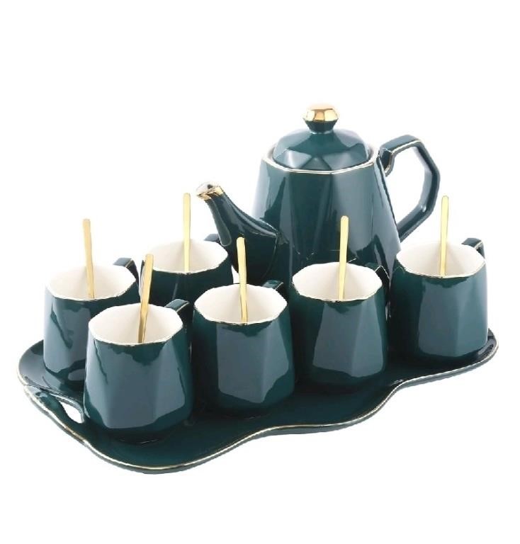 DUJUST 14 pcs Tea Set of 6 with Tea Tray & Spoons,