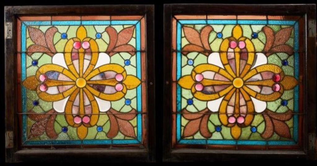 Pr. Antique Stained Glass Windows w/ Flower Motif.