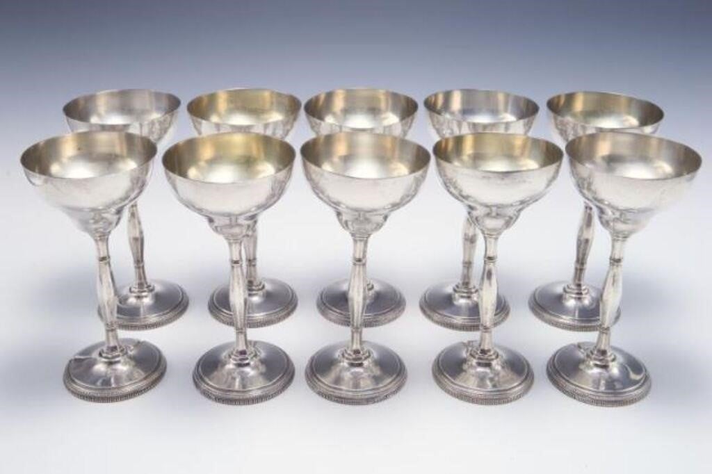 Set of 10 Lebkuecher Silver Wine Goblets.