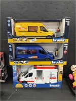 3 NOS Bruder Advertising Vans, Ambulance Toys.