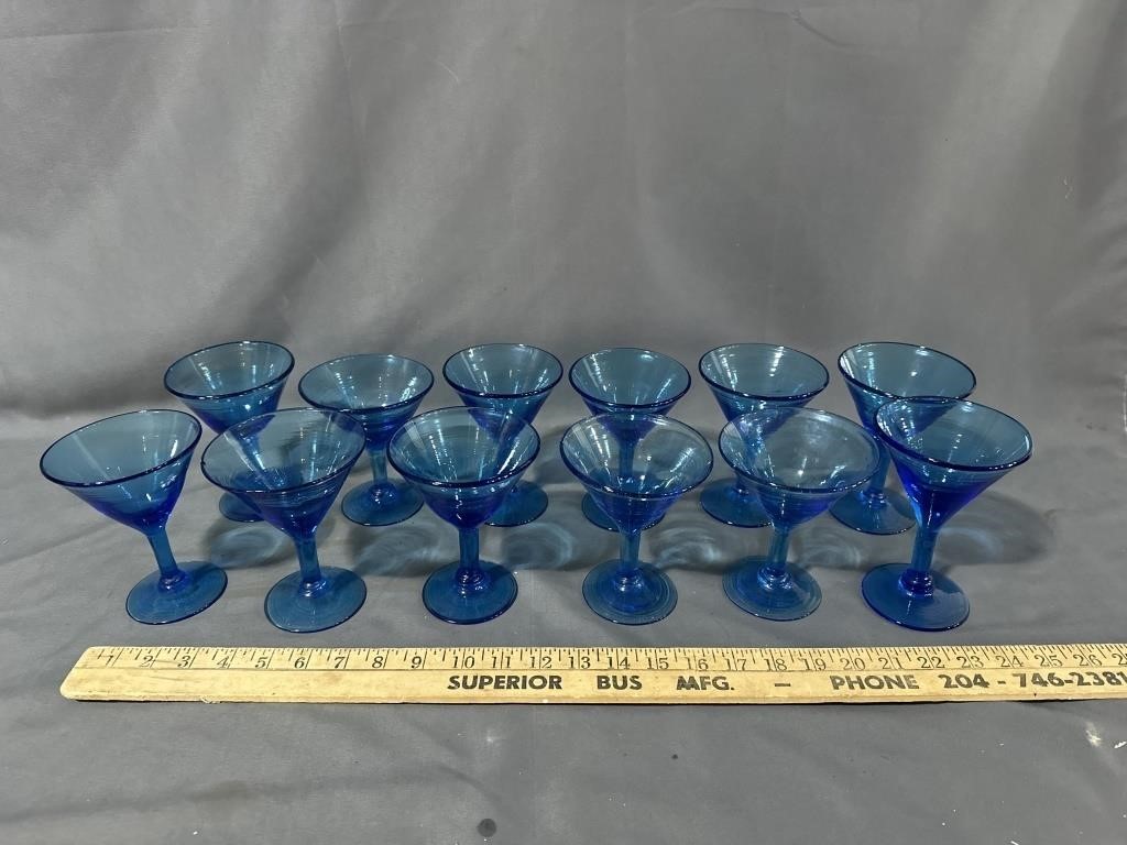12 handblown cocktail glasses in cobalt blue