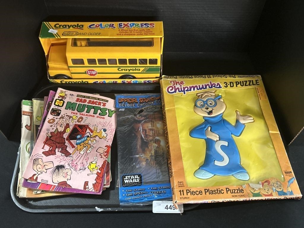 Comic Books, Crayola Bus, Chipmunks Puzzle.