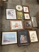 10 Framed Art Prints & Clock.