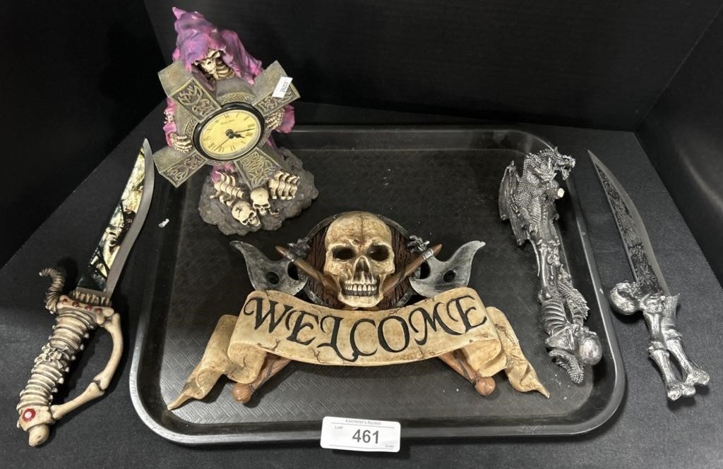 Skull Knives, Skeleton Clock, Welcome Sign.