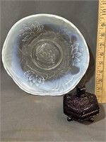 Fenton covered amethyst, candy dish, and lily