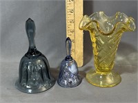 Pair of Fenton bells, and Fenton yellow vase