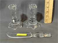 Pair of Crystal candlesticks and glass
