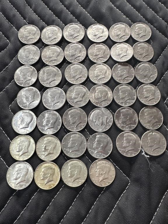 40 Kennedy halves coins ranging from 1965-1983
