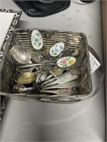 Silver plate basket with spoons