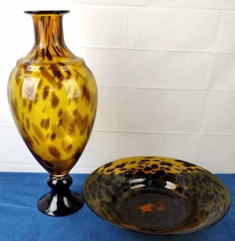 Leopard Design Blown Glass Pedestal Vase & Bowl