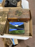 2 vintage boxes wooden n stain glass