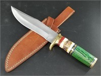 Fixed bladed knife with stacked brass, bone and wo
