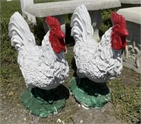 Pair of Painted Concrete Rooster Garden Statues.