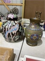 2 Asian vases - brass n porcelain jar w/ lid