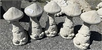 5 Concrete Mushroom Gnome Garden Statues.