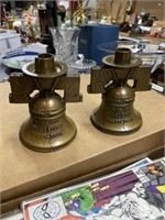 Pair heavy bronze liberty bell bank / candle