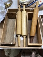 3 vintage rolling pins n wooden boxes
