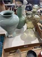 2 vases and green glass bottle