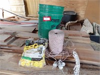 Bucket of Electric Fence Wire & Insulators & More