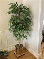 6' Artificial Ficus Tree w Wood Rolling Stand