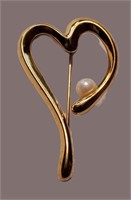 VINTAGE GOLD ABSTRACT HEART WITH PEARL BROOCH