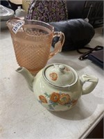 2pc pink glass pitcher n Hall porcelain tea pot