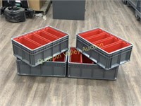 4 NEW GRAY INDUSTRIAL TOTES WITH 4 RED ORGANIZERS