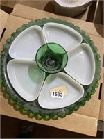 MCM green glass serving plate with white dishes