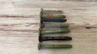 Painted railroad spikes, see names