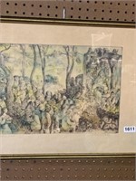 Antique colored etching artist pencil signed