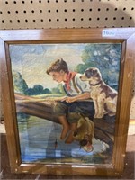 Oil painting artist signed young boy n dog fishing