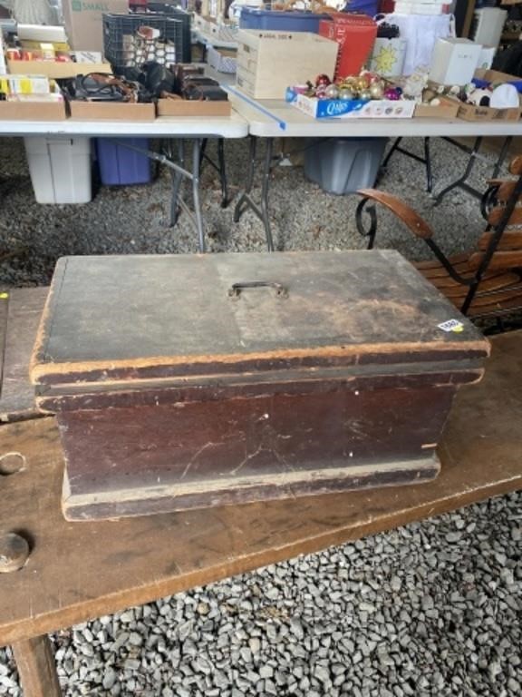 Antique wood tool box with tools
