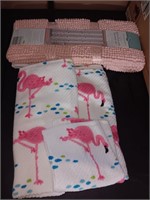New rug shower curtain and flamingo towels set