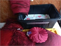 Bin of Christmas, comforter, quilt and pillows.