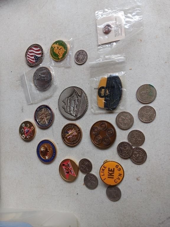 Military navy challenge coins and more in a bag.