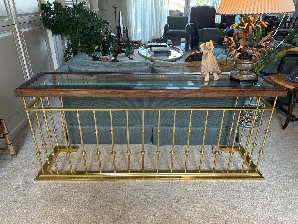 Fine Brass & Wood Accent Glass Top Console Table