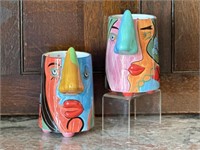 Two Whimsical Abstract Face Mugs