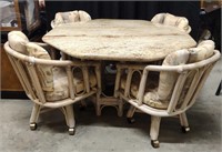 Octagon Marble Top Table w/ 4 Wheeled Tub Chairs