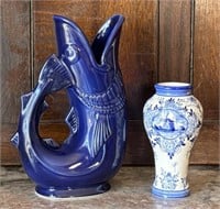 Delft Vase & Cobalt Porcelain Fish Pitcher