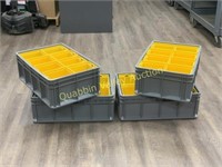 4 NEW GRAY INDUSTRIAL TOTES WITH 8 YELLOW BINS
