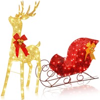 AUZONIMICS 4FT Christmas Deer and Sleigh Lighted O