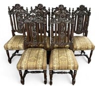 Set of Six Antique Carved Oak Chairs with Lions.