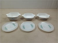 3 small CorningWare bowls, 3 fire King saucers
