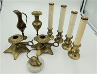 Brass Lot of Candle Holders, Vase, Mouse