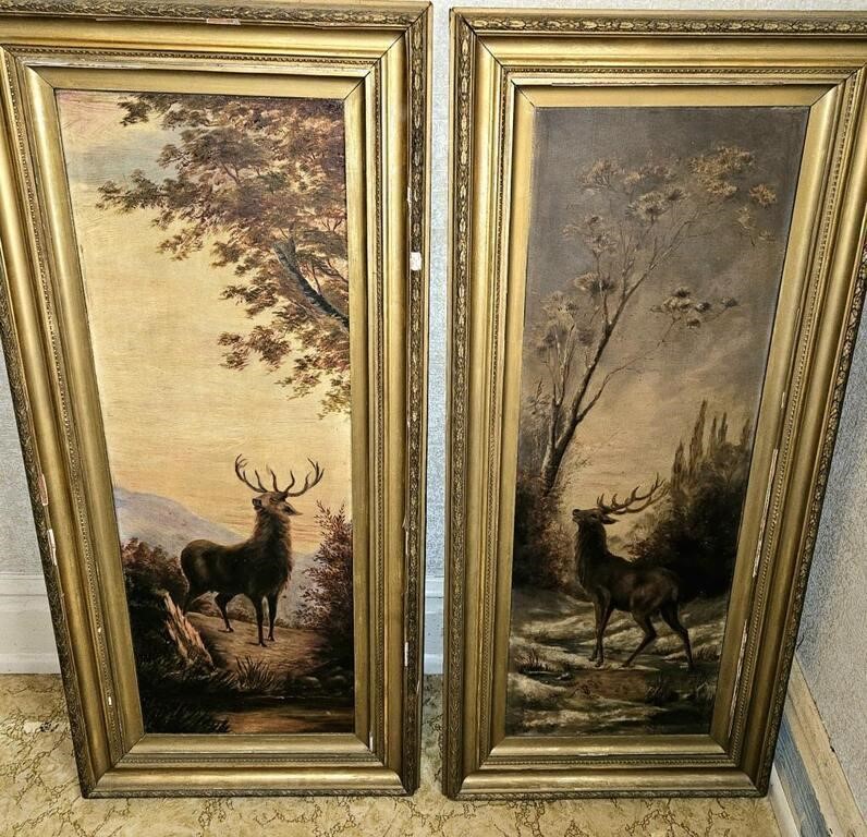 2 Oil on Canvas Stag in the Wild Framed Paintings