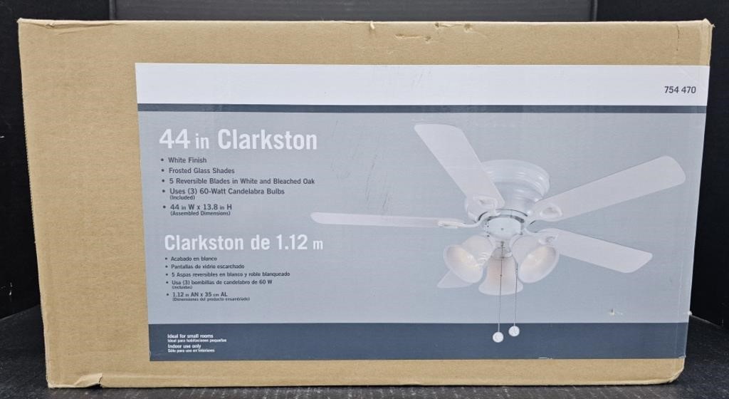 (F) New 44" Clarkston Ceiling Fan, White Finish,
